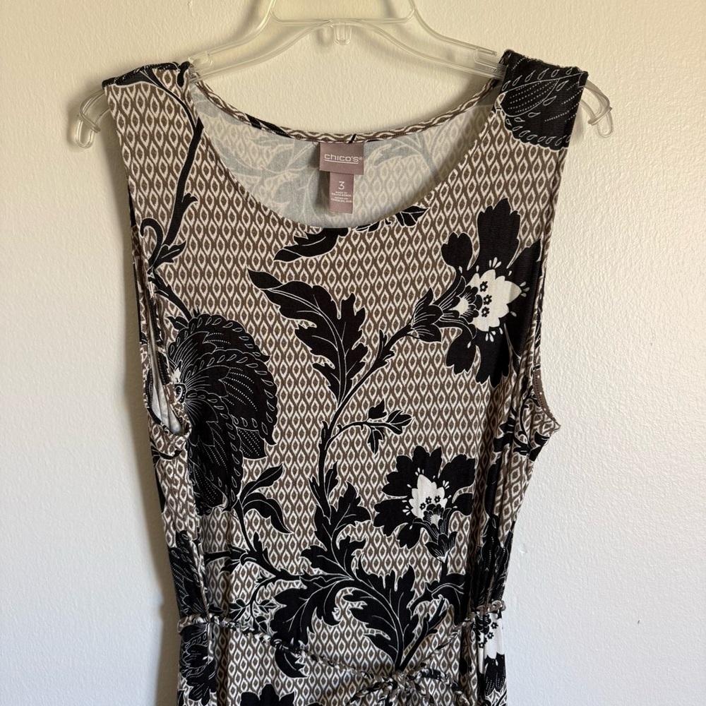 Chico's Sleeveless Maxi Dress Neutral Geometric Floral Print Tie Waist Size XL - Picture 3 of 10